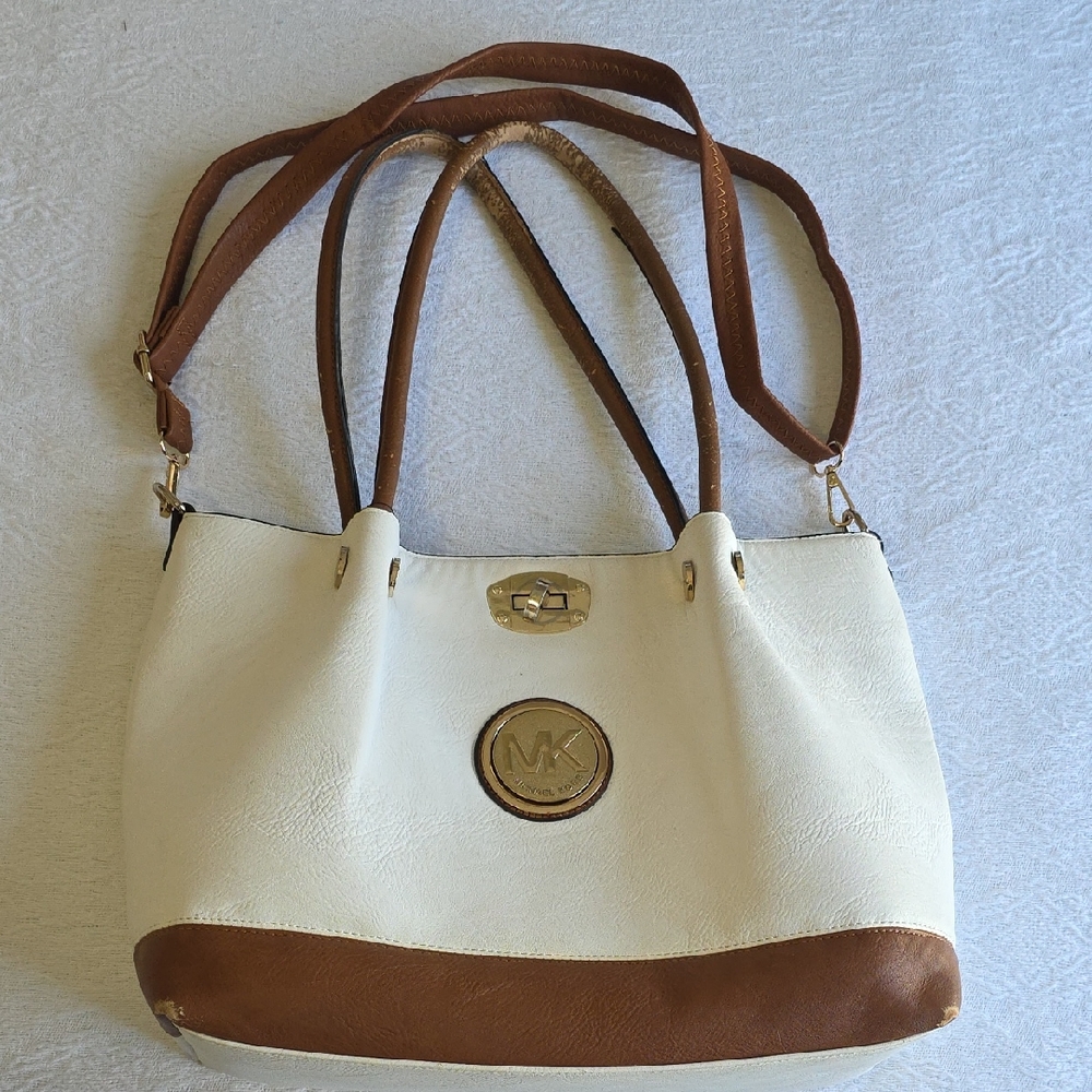 Michael Kors Cream and Brown Shoulder Tote with Gold Hardware